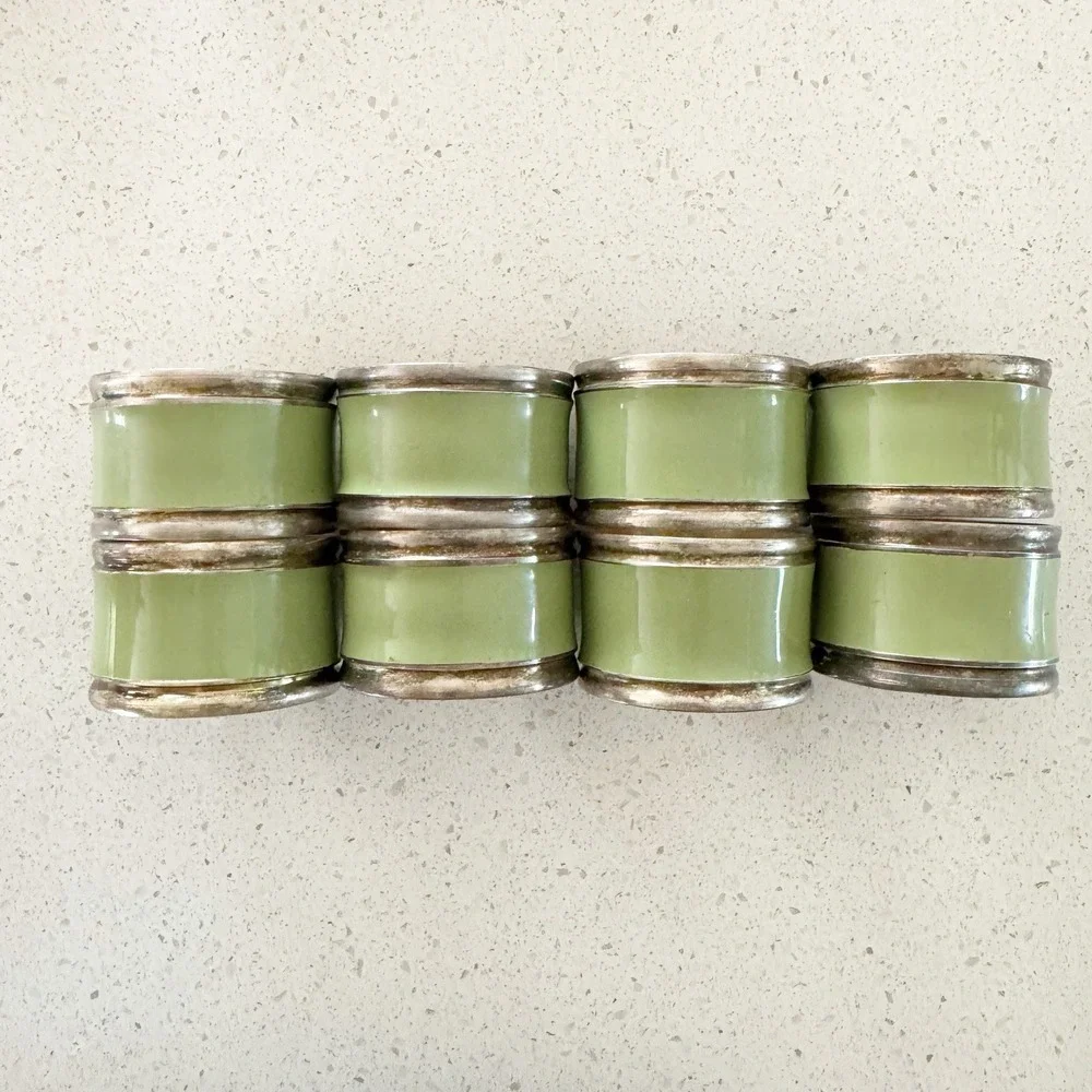 Mint Green Enamel Napkin Rings Set of 8 Silver Tone Napkin Rings Vintage